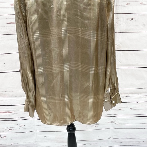 Ralph Lauren Purple Label Shirt Womens Size 10 Taupe Sequin Plaid Silk Blend - Picture 6 of 14